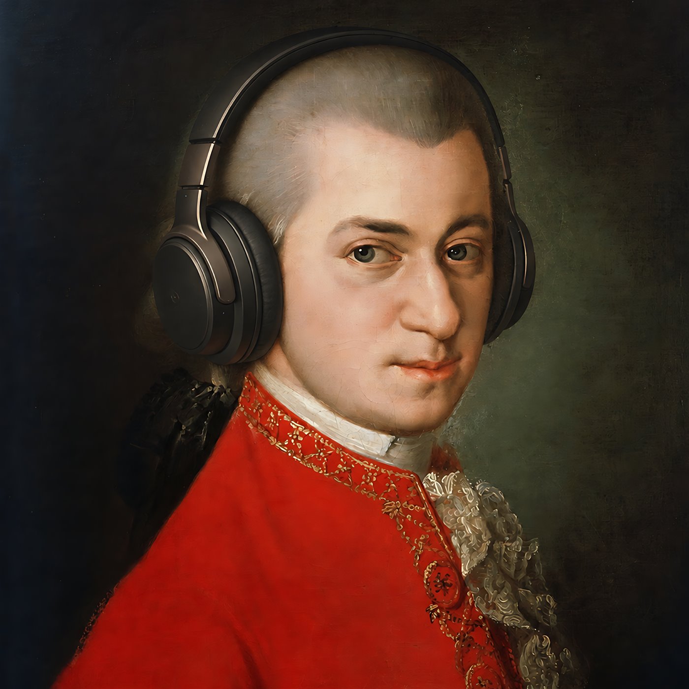Retrato de Mozart con auriculares