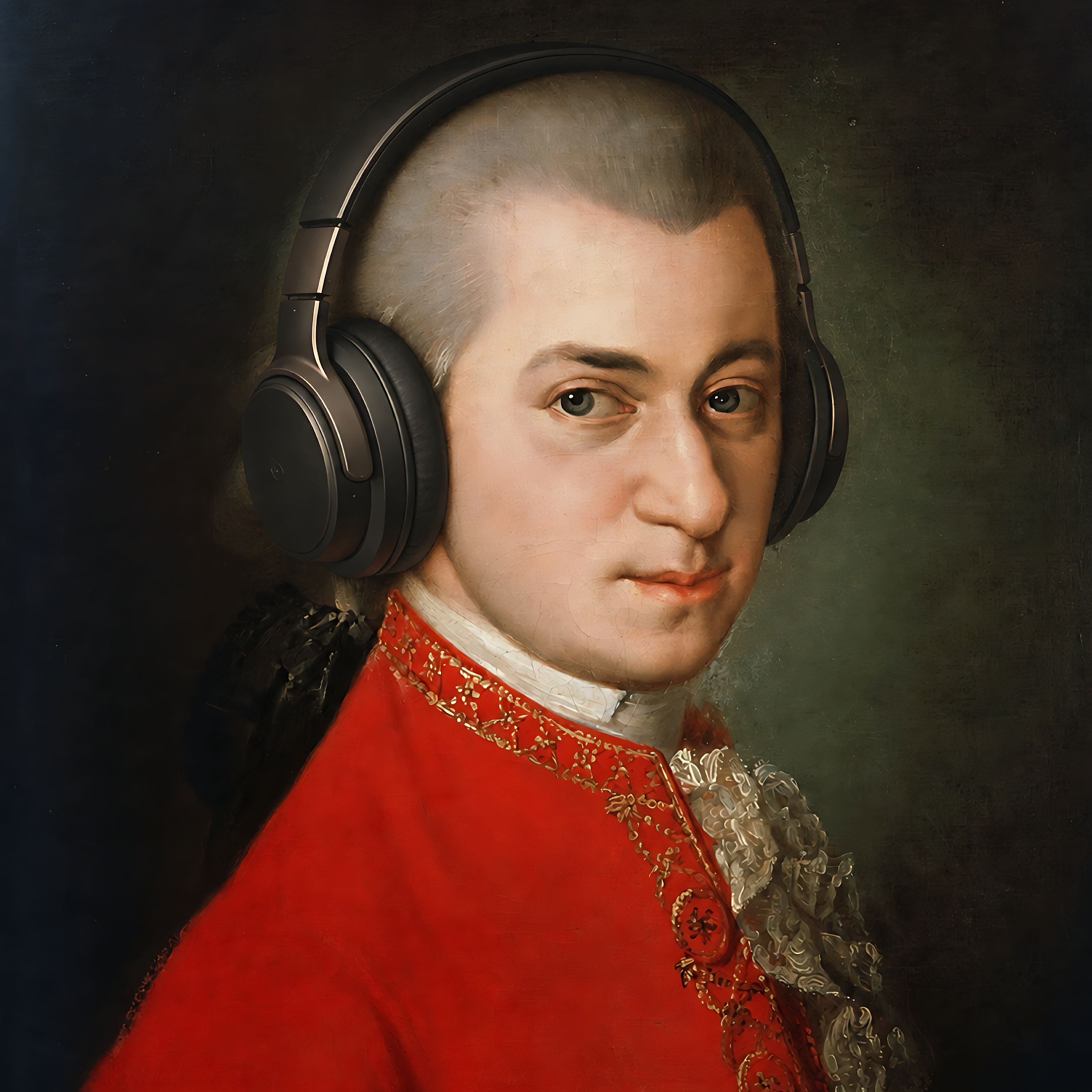 Retrato de Mozart con auriculares