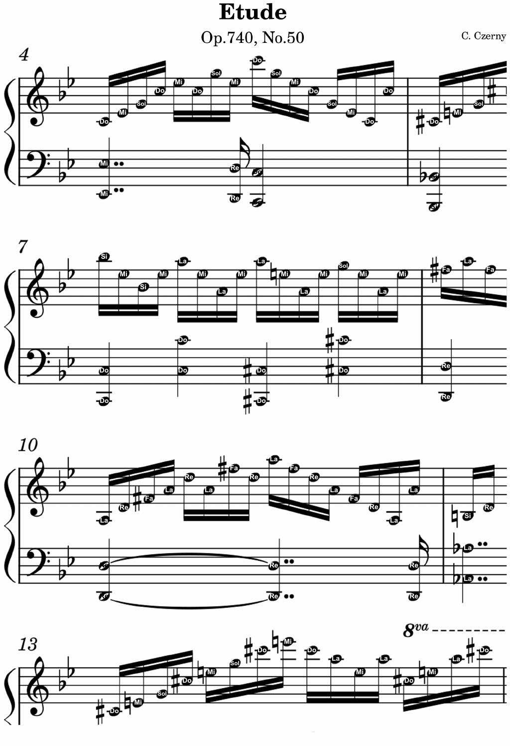 Partitura de piano con nombres de notas en solfeo